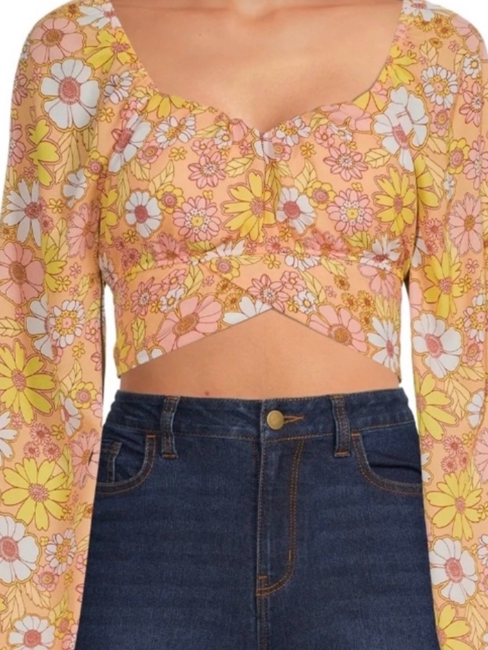 Floral Long-Sleeve Crop Top in Yellow and Pink